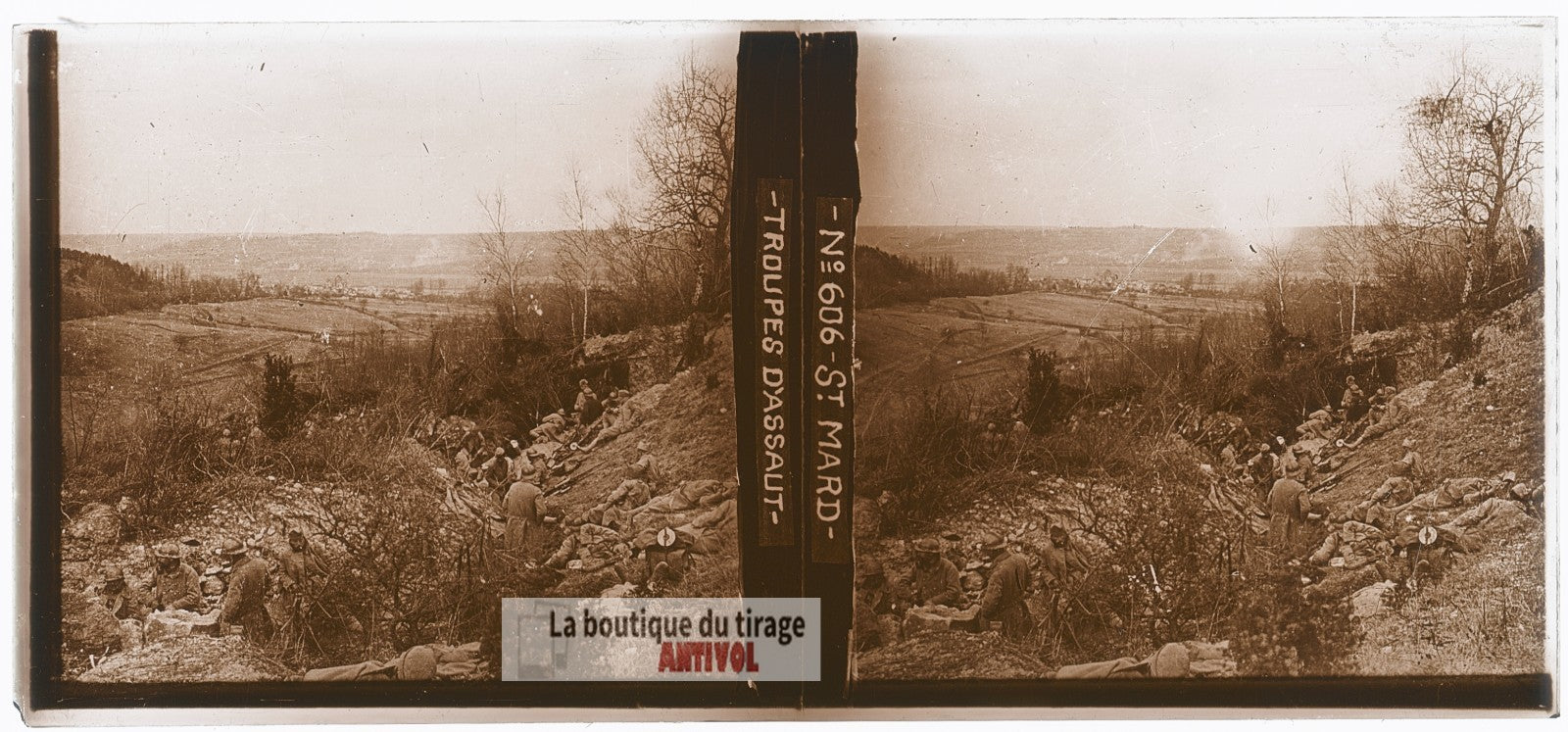 Saint-Mard, troupes d’assaut, WW1, plaque verre photo ancienne stéréo 6x13 cm