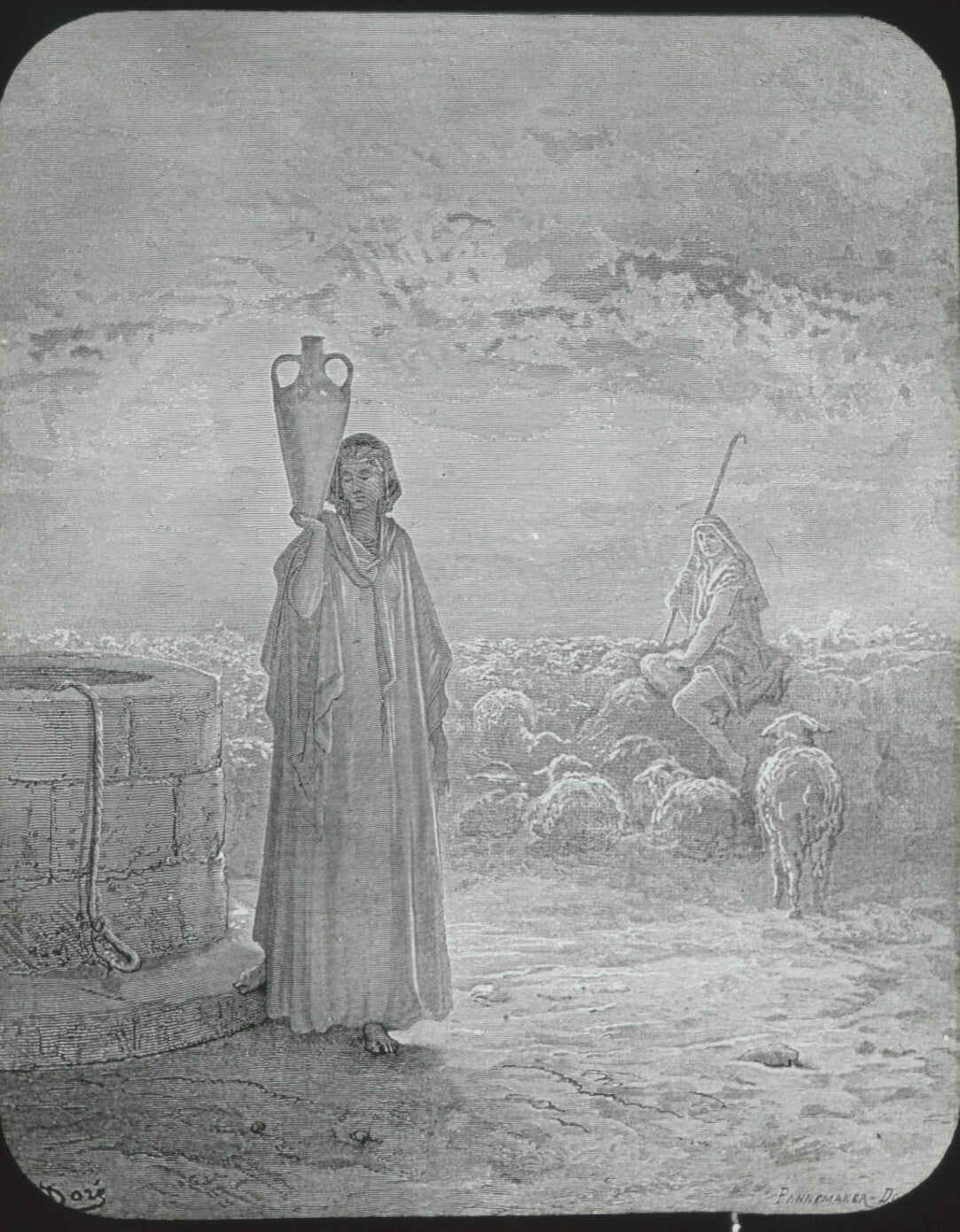 Jacob chez Laban, Bible de Doré, dessin, plaque verre, positif 8,5x10 cm