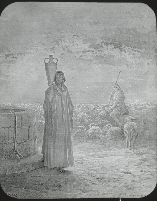 Jacob chez Laban, Bible de Doré, dessin, plaque verre, positif 8,5x10 cm