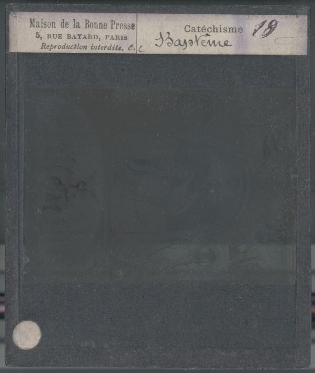 Scène religieuse, catéchisme, dessin peinture, plaque verre, positif 8,5x10 cm