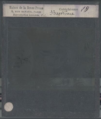 Scène religieuse, catéchisme, dessin peinture, plaque verre, positif 8,5x10 cm