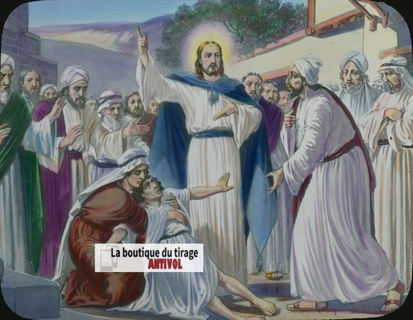 Guérison de l’épileptique, illustration, plaque verre, couleur 8,5x10 cm