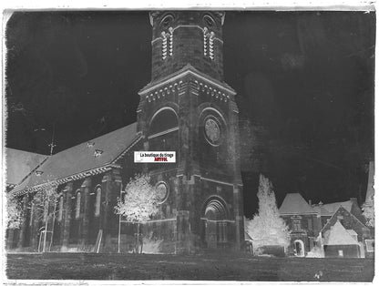 Château Pionsat, église, Plaque verre photo, négatif noir & blanc 9x12 cm France