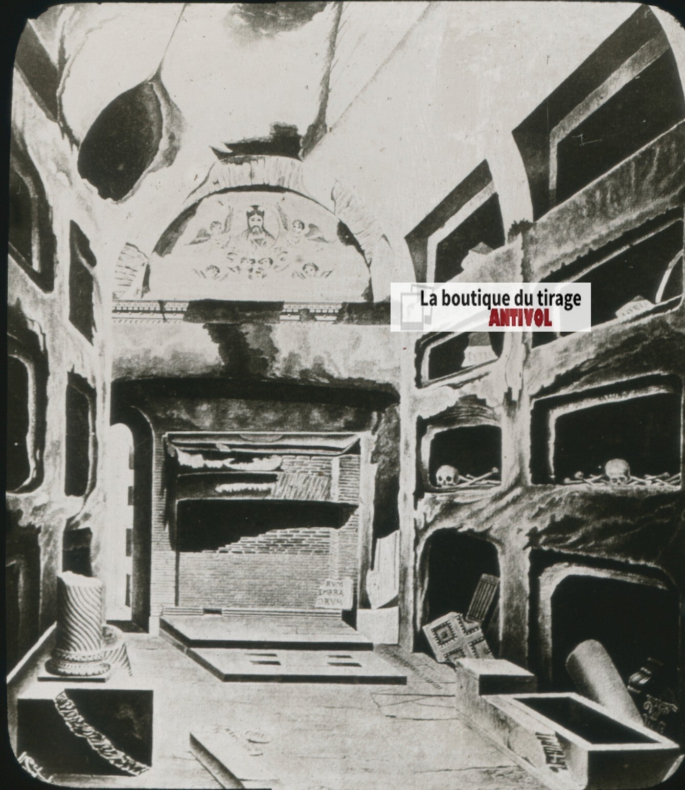 Catacombes Saint-Sébastien, dessin plaque verre, noir & blanc, positif 8,5x10 cm