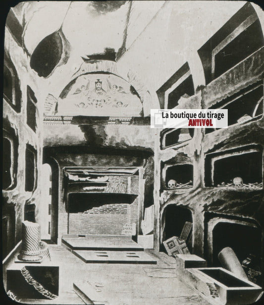 Catacombes Saint-Sébastien, dessin plaque verre, noir & blanc, positif 8,5x10 cm