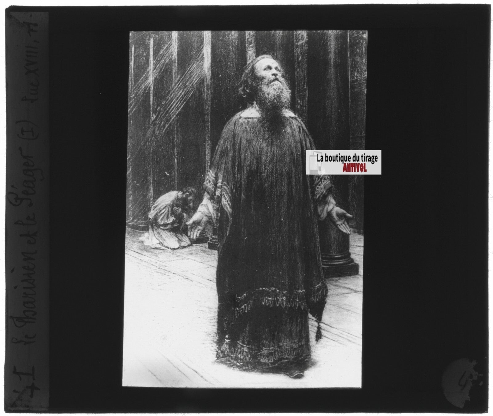 Luc, scène religieuse, dessin peinture plaque de verre, positif 8,5x10 cm