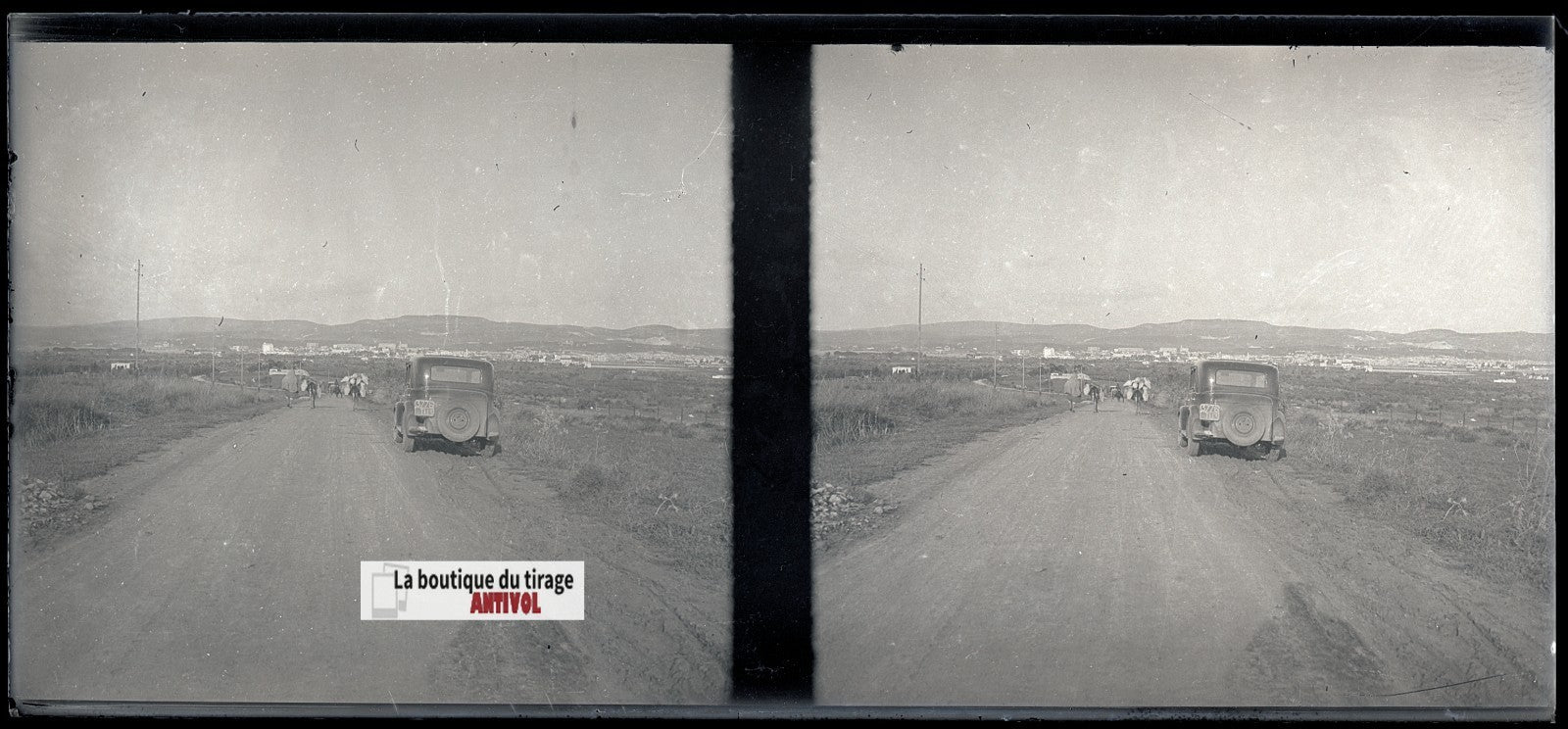 Algérie, voiture, plaque verre, photo stéréo, négatif noir & blanc 6x13 cm