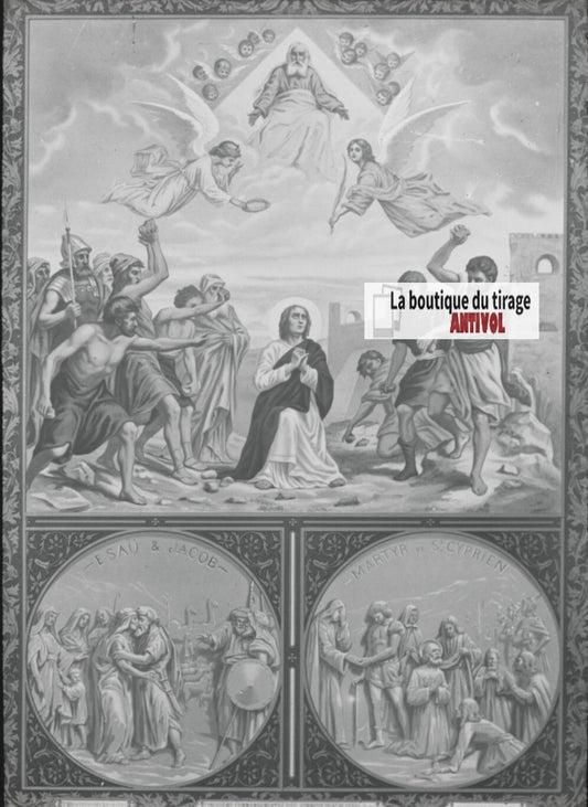 Scène religieuse, catéchisme, dessin peinture, plaque verre, positif 8,5x10 cm