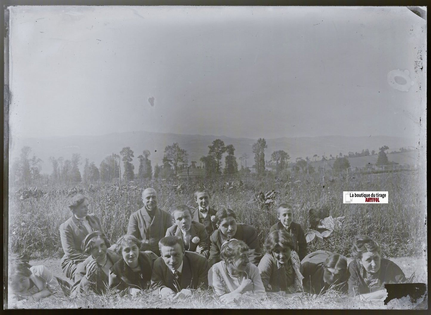 Groupe, paysage, Plaque verre photo ancienne, négatif noir & blanc 13x18 cm