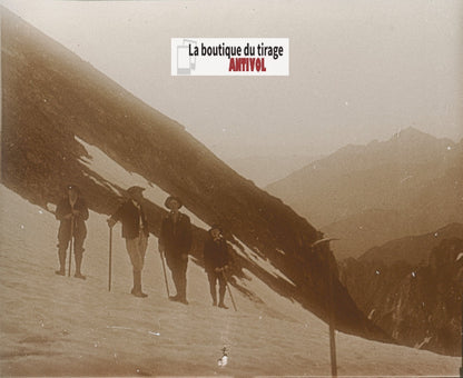Pic du Midi de Bigorre, plaque verre photo stéréo, sépia 6x13 cm
