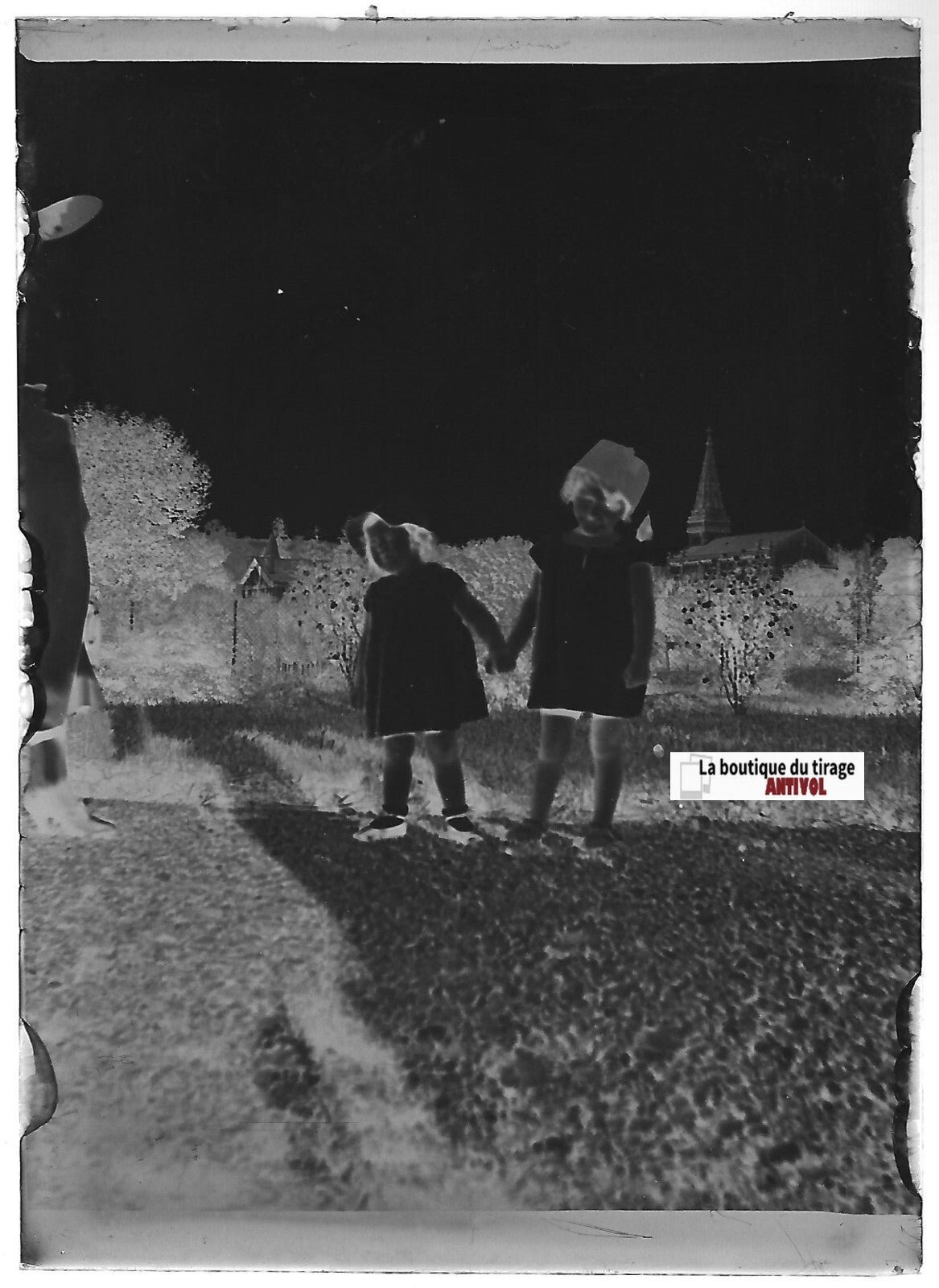 Famille, enfants, Plaque verre photo ancienne, négatif noir & blanc 6x9 cm