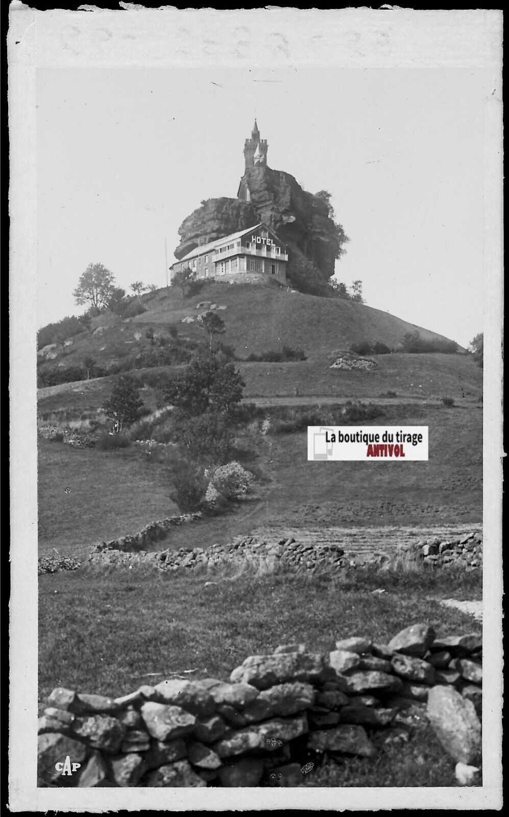 Plaque verre photo, négatif noir & blanc 9x14 cm, Dabo, Chapelle et hôtel