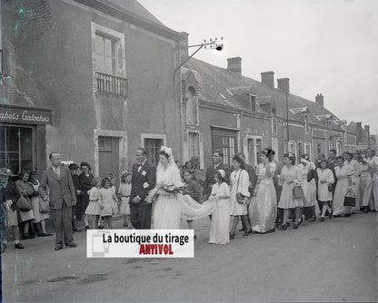 Mariage, village France, plaque verre, photo ancienne, négatif N&B 6x13 cm
