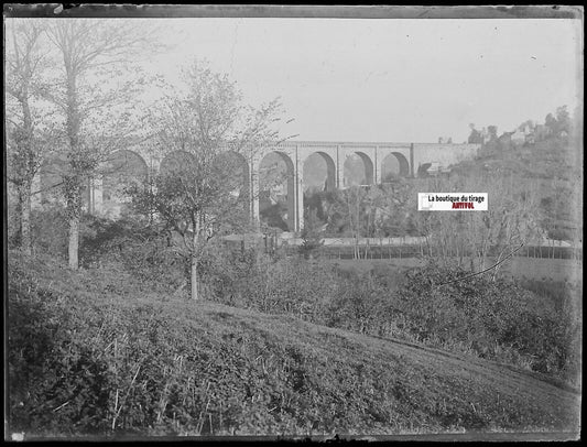 Dinan, Viaduc, Plaque verre photo ancienne, négatif noir & blanc 9x12 cm