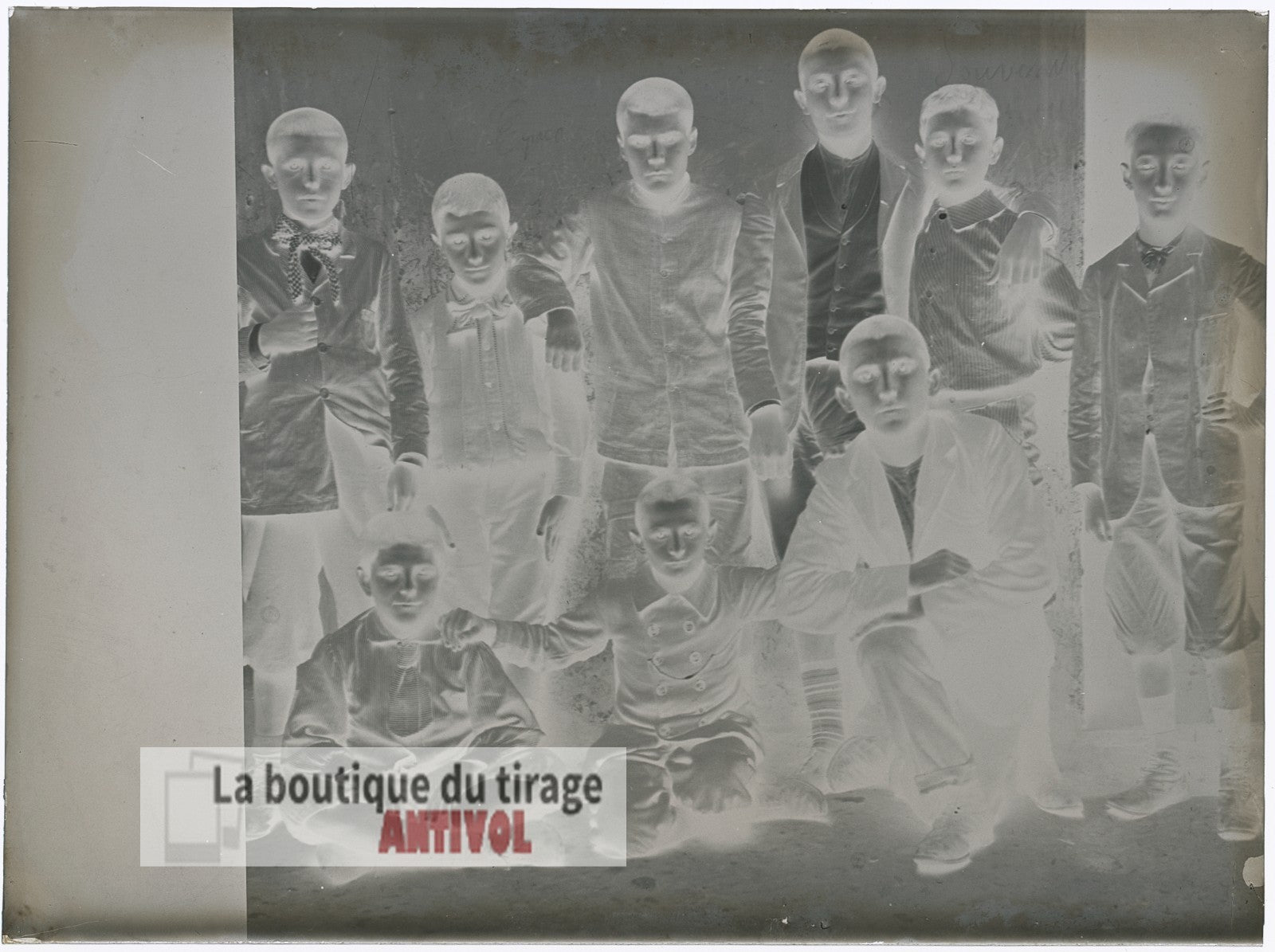 Groupe d'enfants, garçons, plaque verre, photo ancienne, négatif 9x12 cm