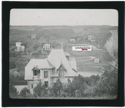 Normandie, villas, photo plaque verre, noir & blanc, positif 8,5x10 cm