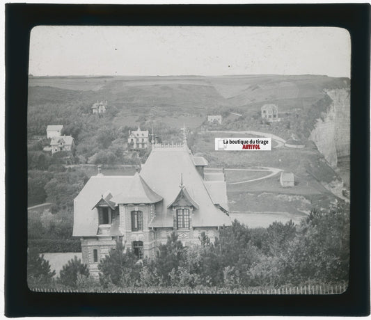 Normandie, villas, photo plaque verre, noir & blanc, positif 8,5x10 cm