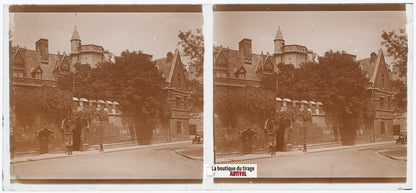 Musée de Cluny, Paris, plaque verre, photo ancienne stéréo, N&B 6x13 cm
