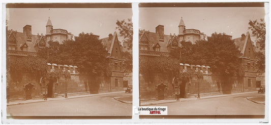 Musée de Cluny, Paris, plaque verre, photo ancienne stéréo, N&B 6x13 cm
