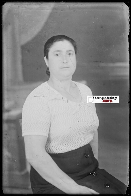 Femme, portrait, Plaque verre photo ancienne, négatif noir & blanc 10x15 cm