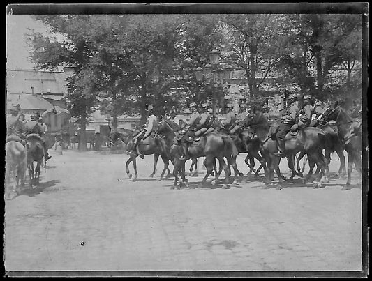 Plaque verre photo ancienne négatif noir et blanc 4x6 cm chevaux garde vintage 