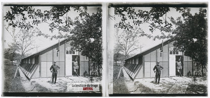 Baraque militaire, guerre WW1, plaque verre photo ancienne stéréo 6x13 cm