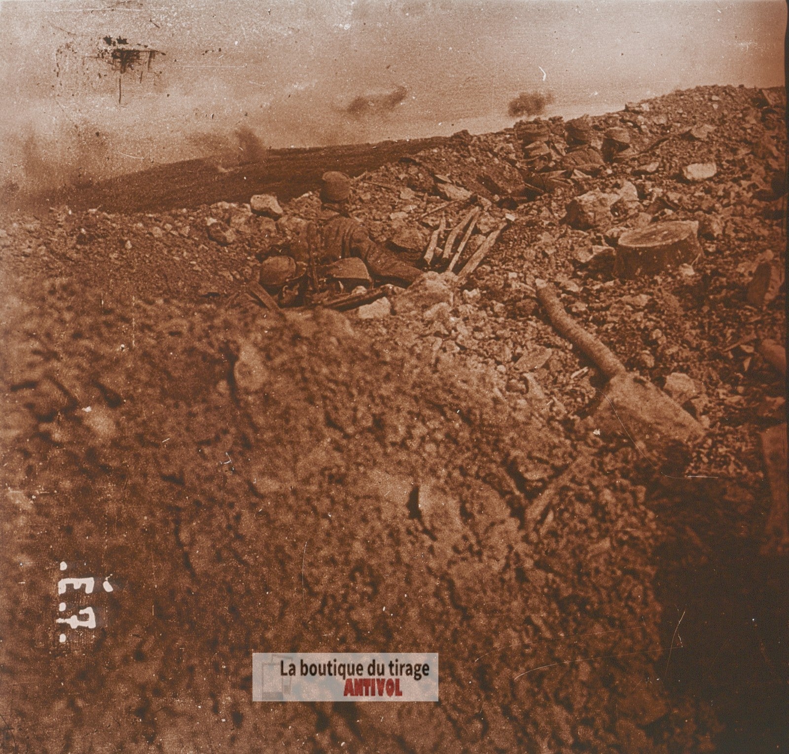 Éparges 1915, bombardement WW1, plaque verre photo ancienne stéréo 6x13 cm