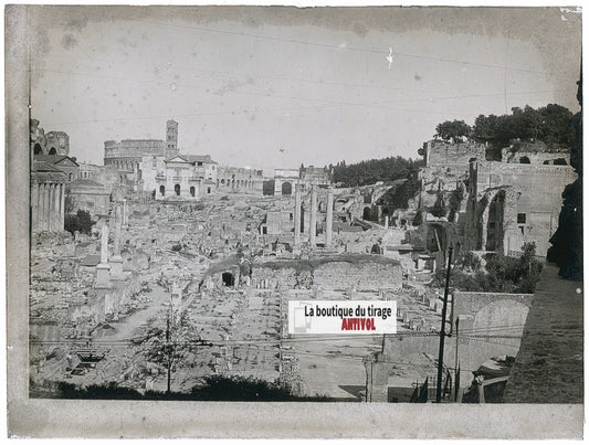Forum romain, Rome Italie, photo ancienne plaque verre, noir & blanc, 9x12 cm
