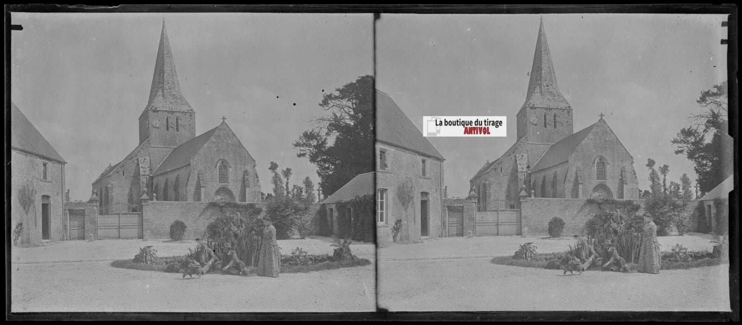 Eglise, France, village, stéréo photo ancienne plaque verre, négatif 8x18 cm