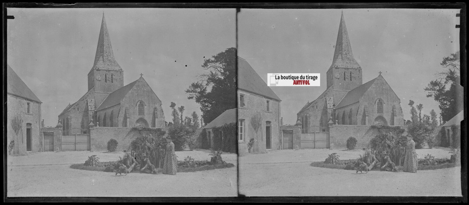 Eglise, France, village, stéréo photo ancienne plaque verre, négatif 8x18 cm
