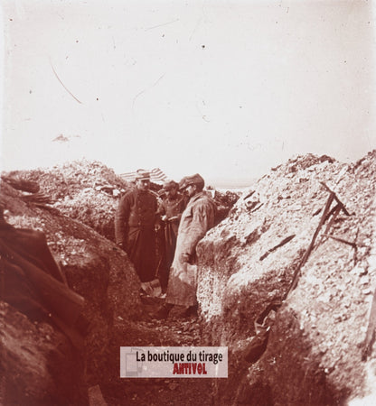Tranchée Vert-Halo, Artois, guerre WW1, plaque verre stéréo, photo 4,5x10,7 cm