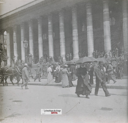 Bourse Paris, Palais Brongniart, plaque verre stéréo, photo ancienne 4,5x10,7 cm