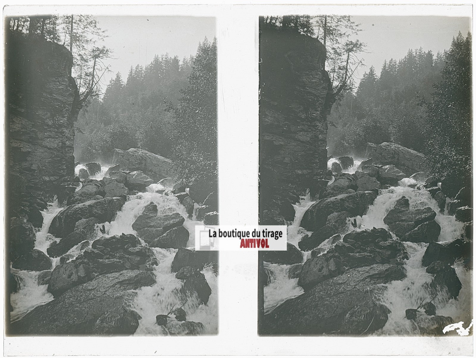 Cascade, Alpes, Suisse, stéréo photo plaque verre, noir & blanc, 9x12 cm
