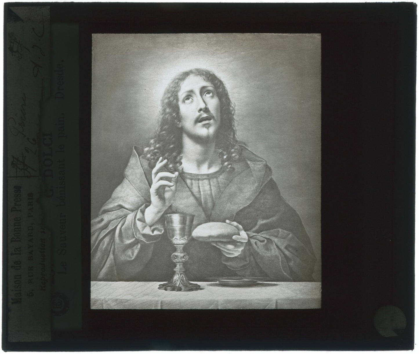 Le Christ bénissant le pain, dessin, plaque verre, positif 8,5x10 cm