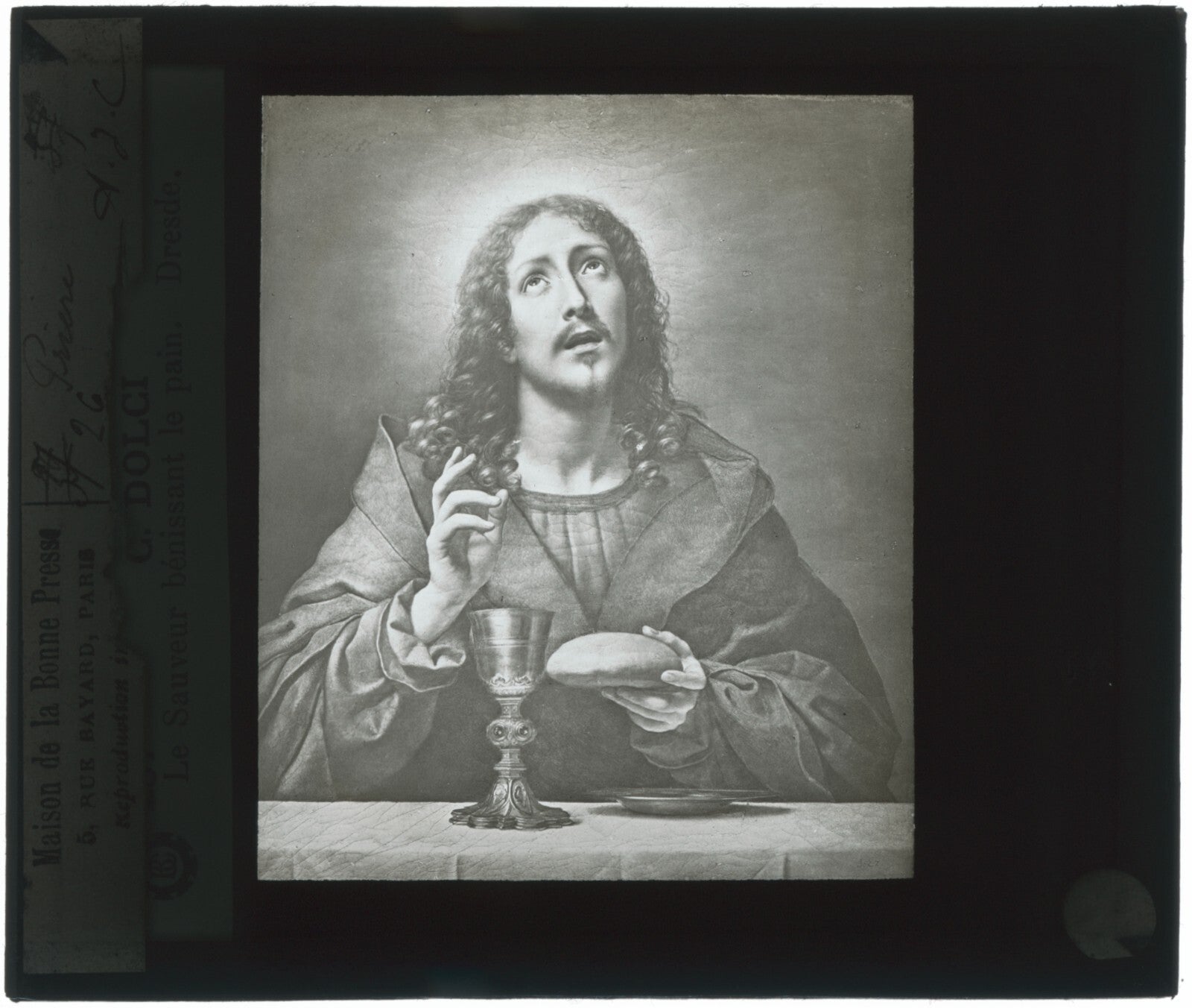 Le Christ bénissant le pain, dessin, plaque verre, positif 8,5x10 cm