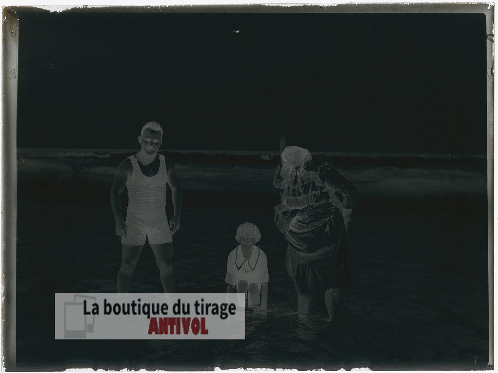 Baignade mer, Oran, Algérie, plaque verre, photo ancienne, négatif 9x12 cm