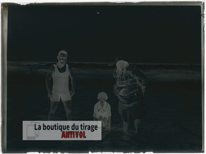 Baignade mer, Oran, Algérie, plaque verre, photo ancienne, négatif 9x12 cm