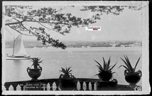 Plaque verre photo négatif noir & blanc 9x14 cm, Antibes, Juan-Les-Pins, bateau