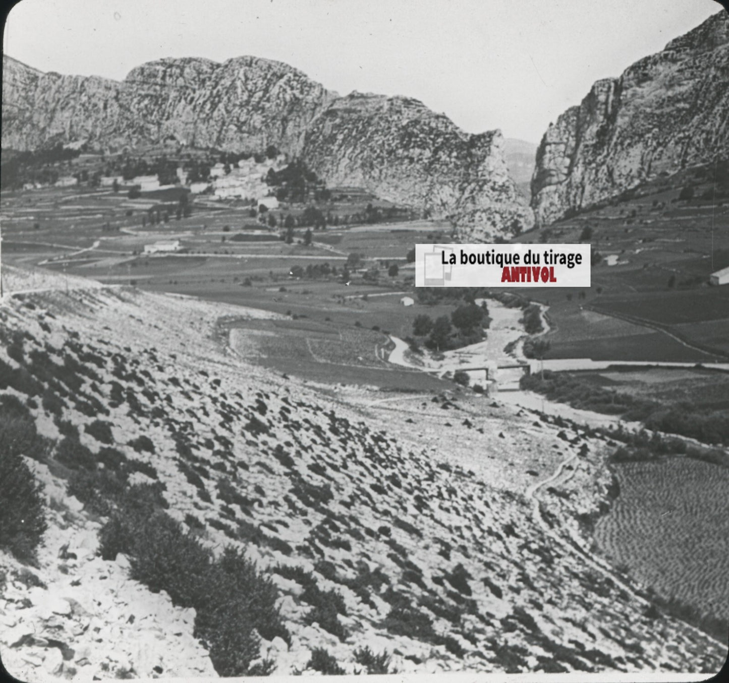 Saint-Auban, paysage, falaise, photo ancienne plaque de verre, positif 8,5x10 cm