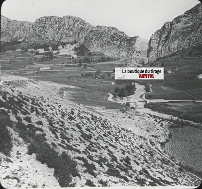 Saint-Auban, paysage, falaise, photo ancienne plaque de verre, positif 8,5x10 cm