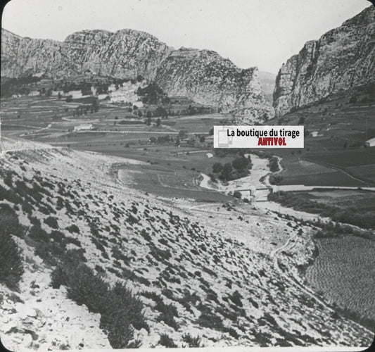 Saint-Auban, paysage, falaise, photo ancienne plaque de verre, positif 8,5x10 cm