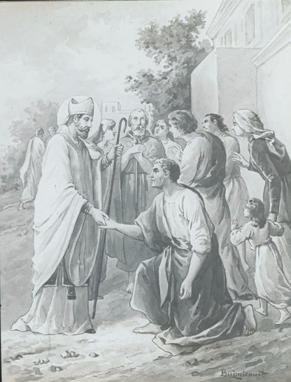 Saint Julien du Mans, dessin peinture, photo plaque verre, positif 8,5x10 cm