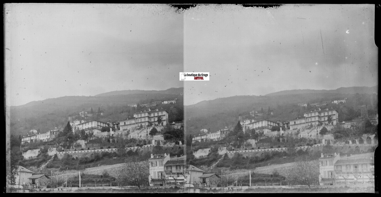 Village, Plaque verre photo ancienne, stéréo négatif noir & blanc 9x18 cm