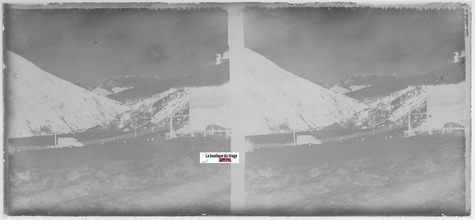 Montagne, camion, Plaque verre photo stéréo, négatif noir & blanc 6x13 cm