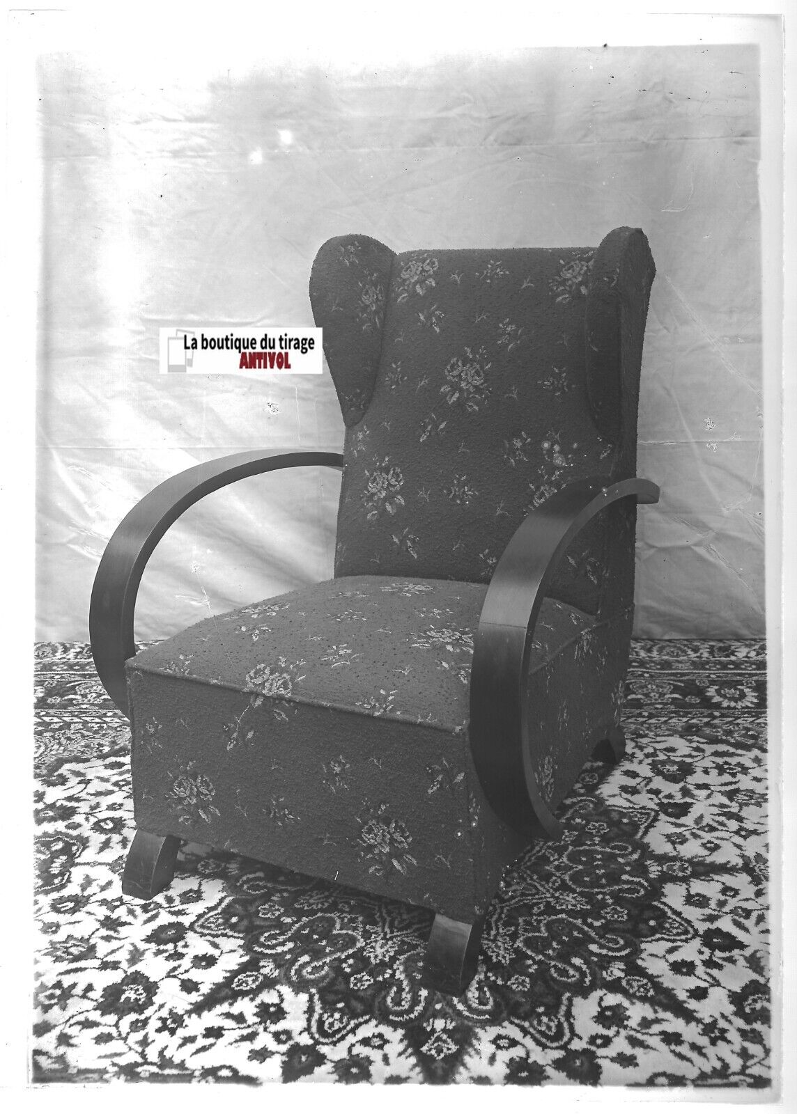 Plaque verre photo ancienne positif noir & blanc 13x18 cm fauteuil vintage