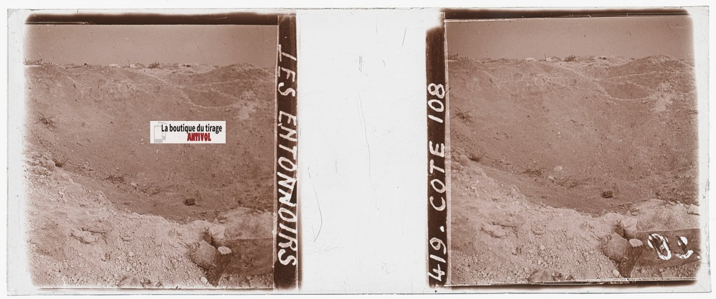 Côte 108, Les Entonnoirs, WW1, plaque verre stéréo, photo ancienne 4,5x10,7 cm