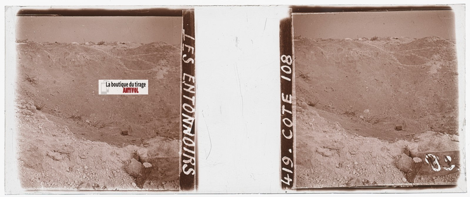 Côte 108, Les Entonnoirs, WW1, plaque verre stéréo, photo ancienne 4,5x10,7 cm