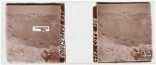 Côte 108, Les Entonnoirs, WW1, plaque verre stéréo, photo ancienne 4,5x10,7 cm
