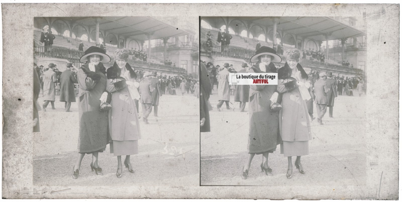 Scène de vie, Longchamp, Paris, plaque verre stéréoscopique, positif 8,5x17 cm