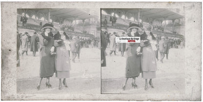 Scène de vie, Longchamp, Paris, plaque verre stéréoscopique, positif 8,5x17 cm